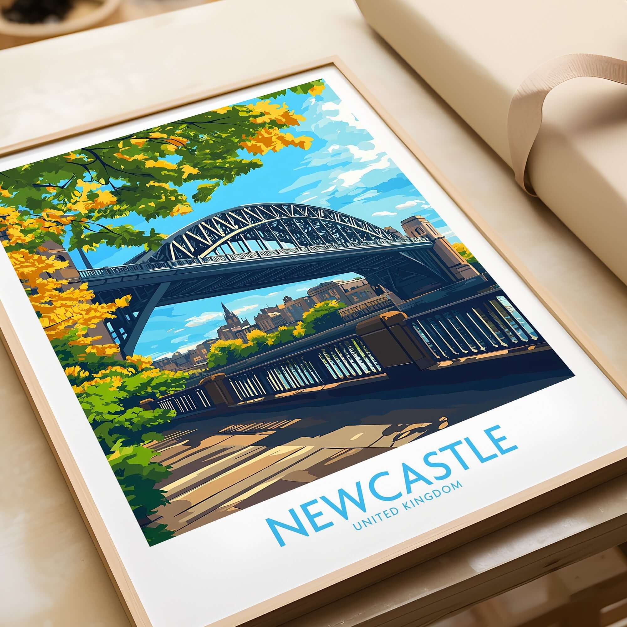 Newcastle upon Tyne Travel Poster featuring the iconic Tyne Bridge and vibrant autumn foliage.