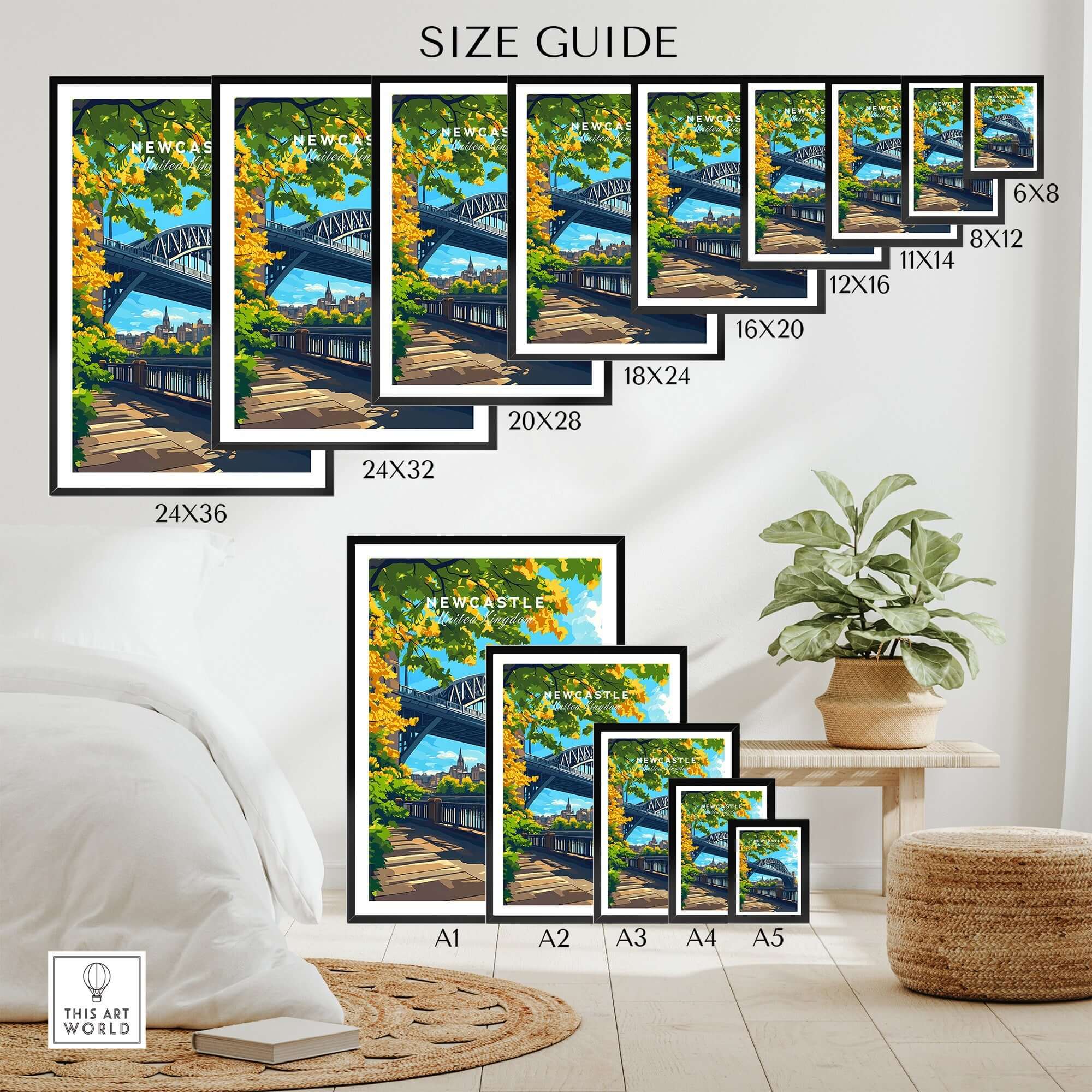 Newcastle upon Tyne Travel Print size guide showcasing various frame dimensions for artistic displays.