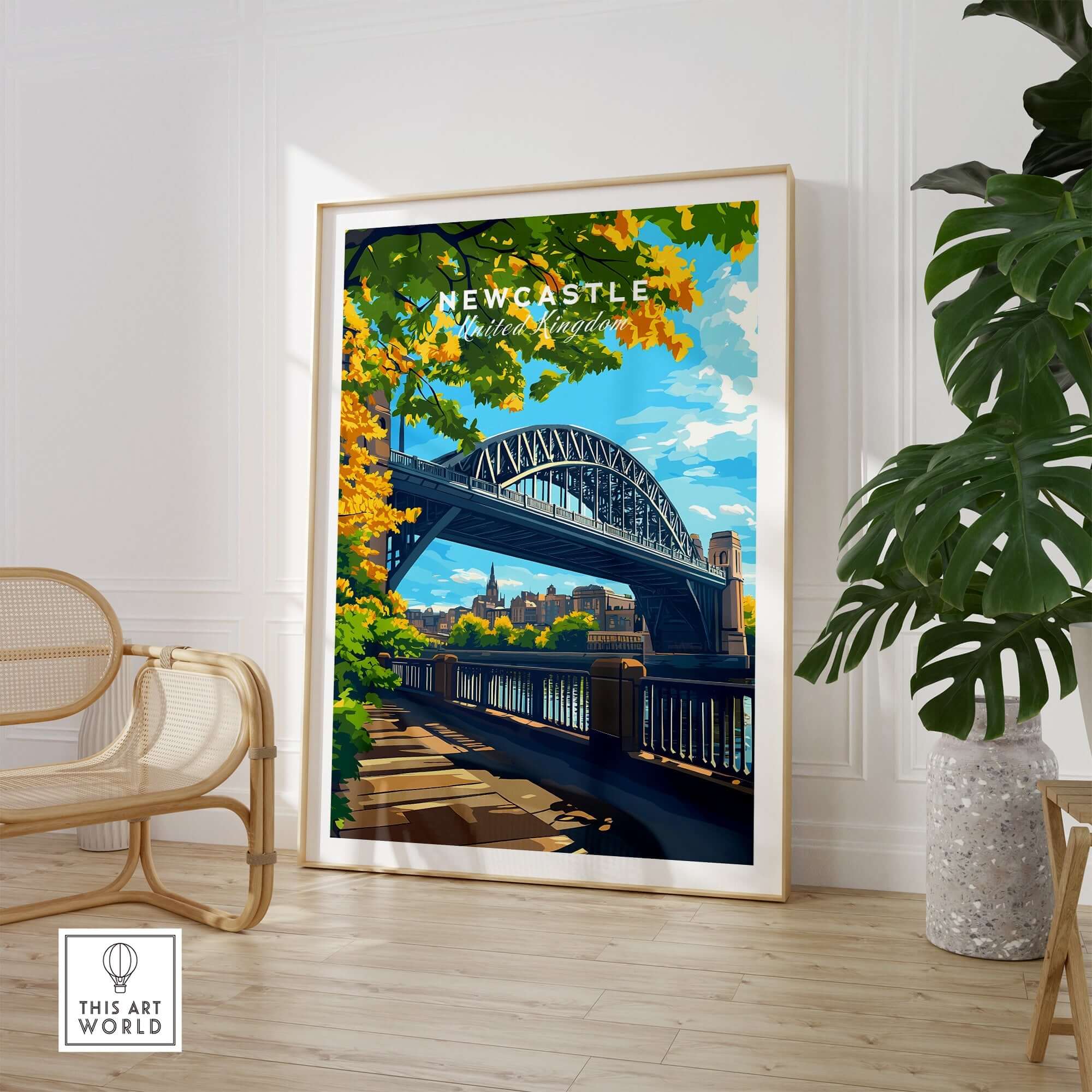 Newcastle upon Tyne Travel Print featuring the iconic bridge in a vibrant autumn setting.