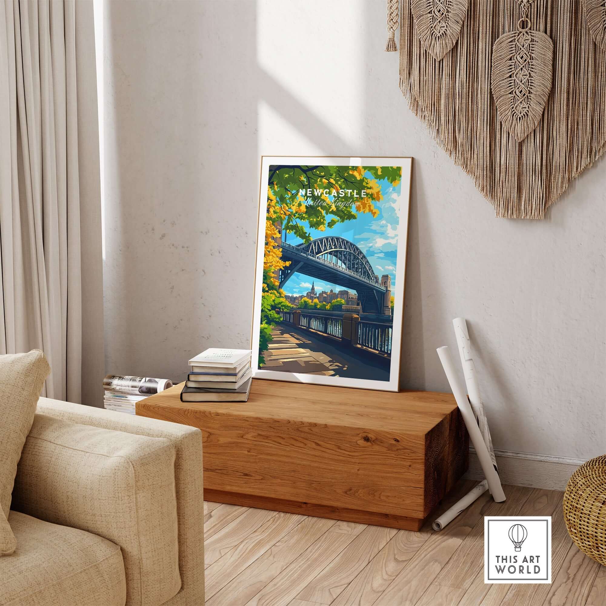 Newcastle upon Tyne Travel Print displayed in a stylish living room setting with natural decor.