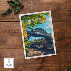 Newcastle upon Tyne Travel Print featuring vibrant artwork of the iconic Arch Bridge and lush surroundings.