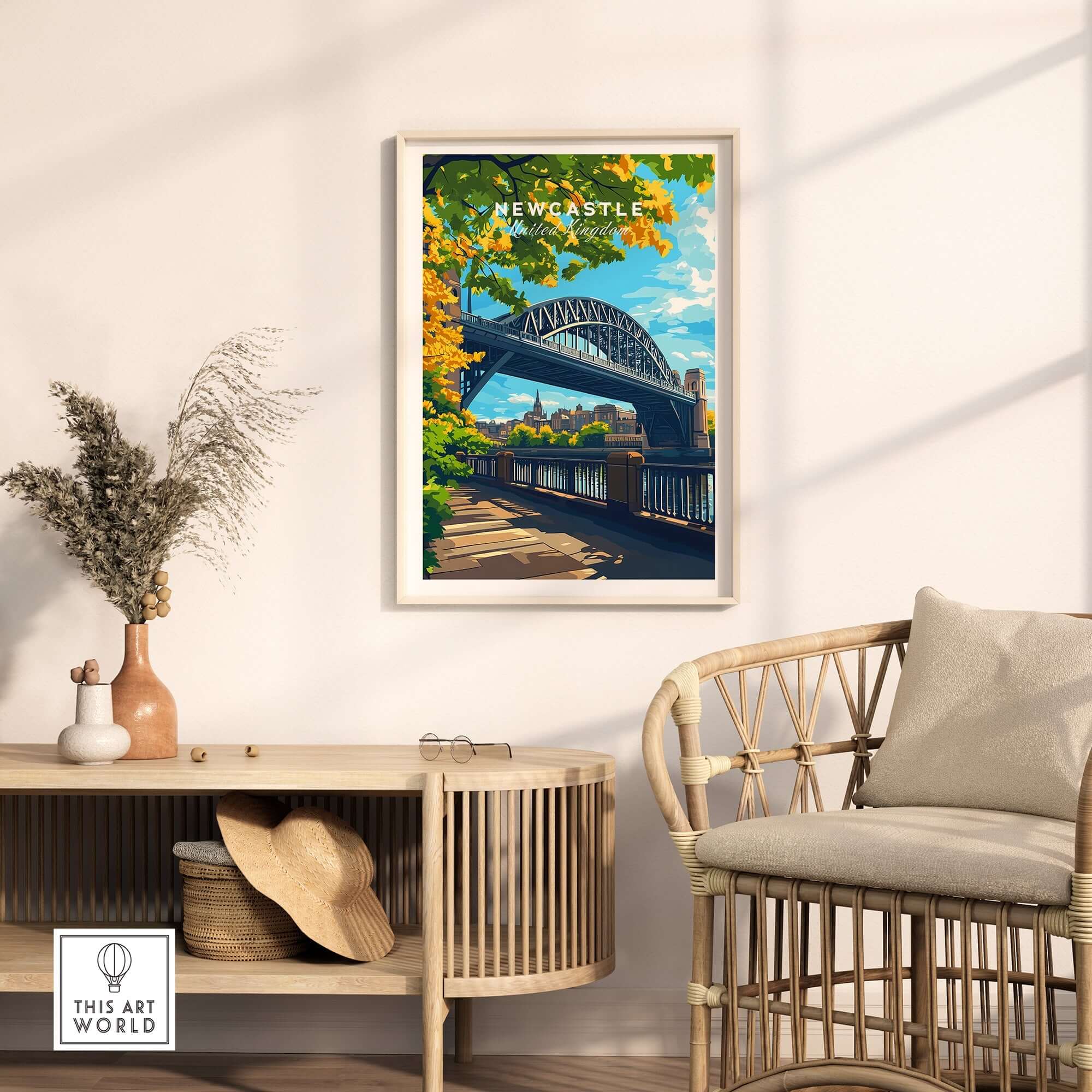 Newcastle upon Tyne Travel Print featuring the iconic Tyne Bridge in a vibrant art style