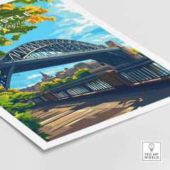 Newcastle upon Tyne Travel Print featuring the iconic Tyne Bridge and colorful scenery.