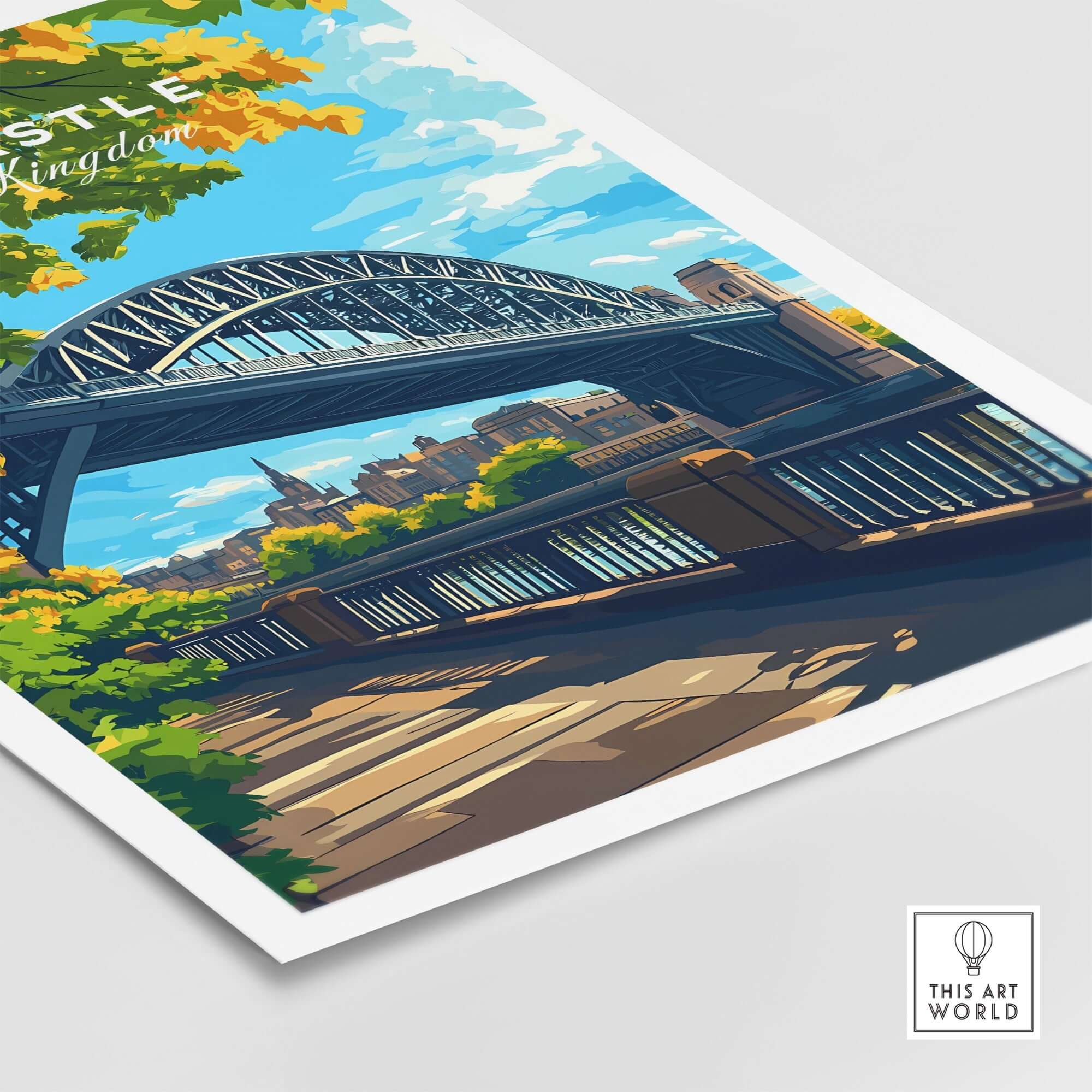Newcastle upon Tyne Travel Print featuring the iconic Tyne Bridge and colorful scenery.