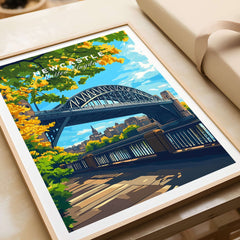 Newcastle upon Tyne Travel Print showcasing the iconic bridge and vibrant cityscape.