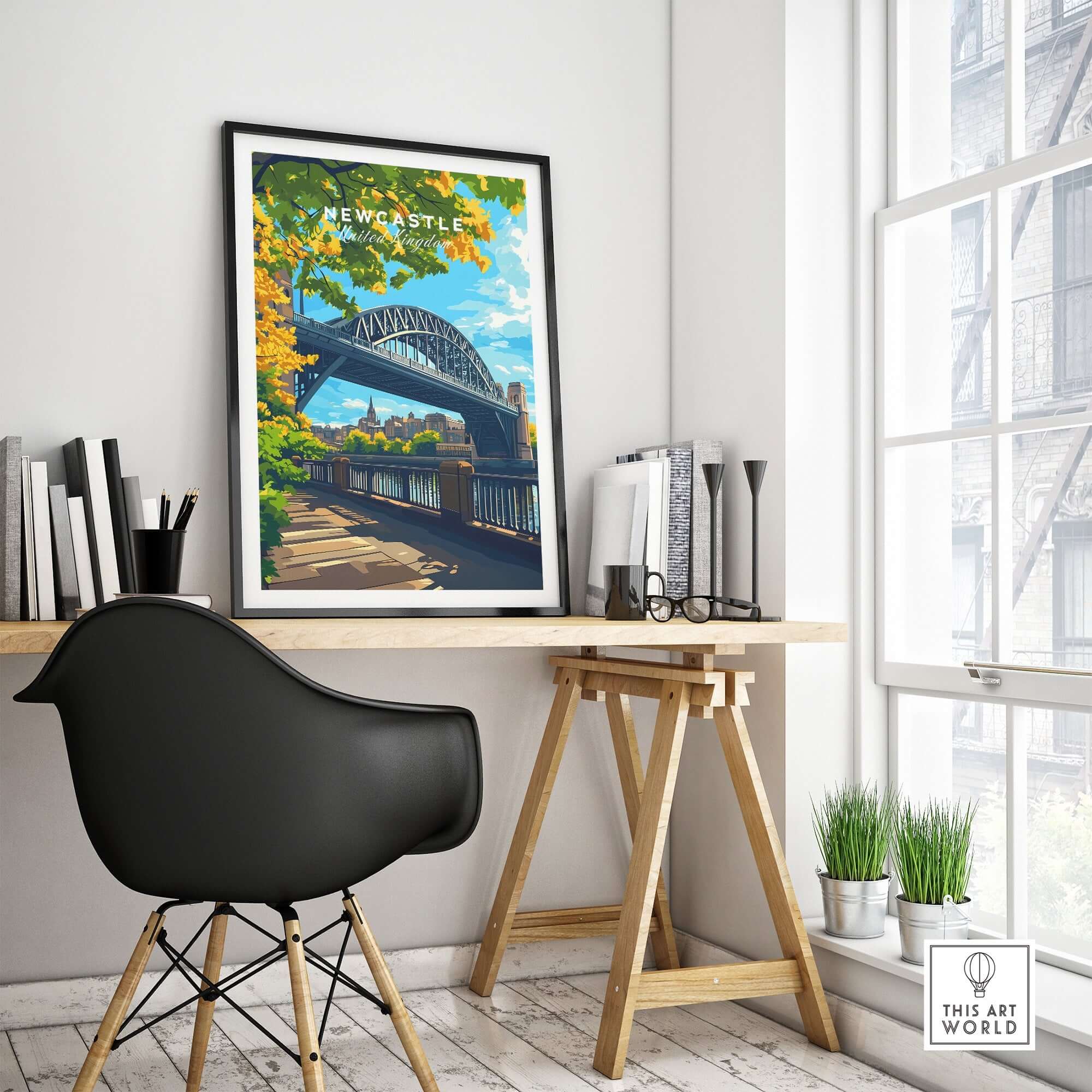 Newcastle upon Tyne Travel Print showcased in a modern interior setting with a stylish desk and natural light.