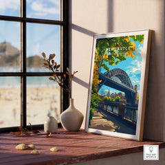 Newcastle upon Tyne Travel Print displayed in a bright room with a view of the beach and a bridge.