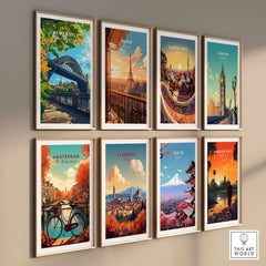 Newcastle upon Tyne Travel Print featuring framed travel posters of various cities including Newcastle.