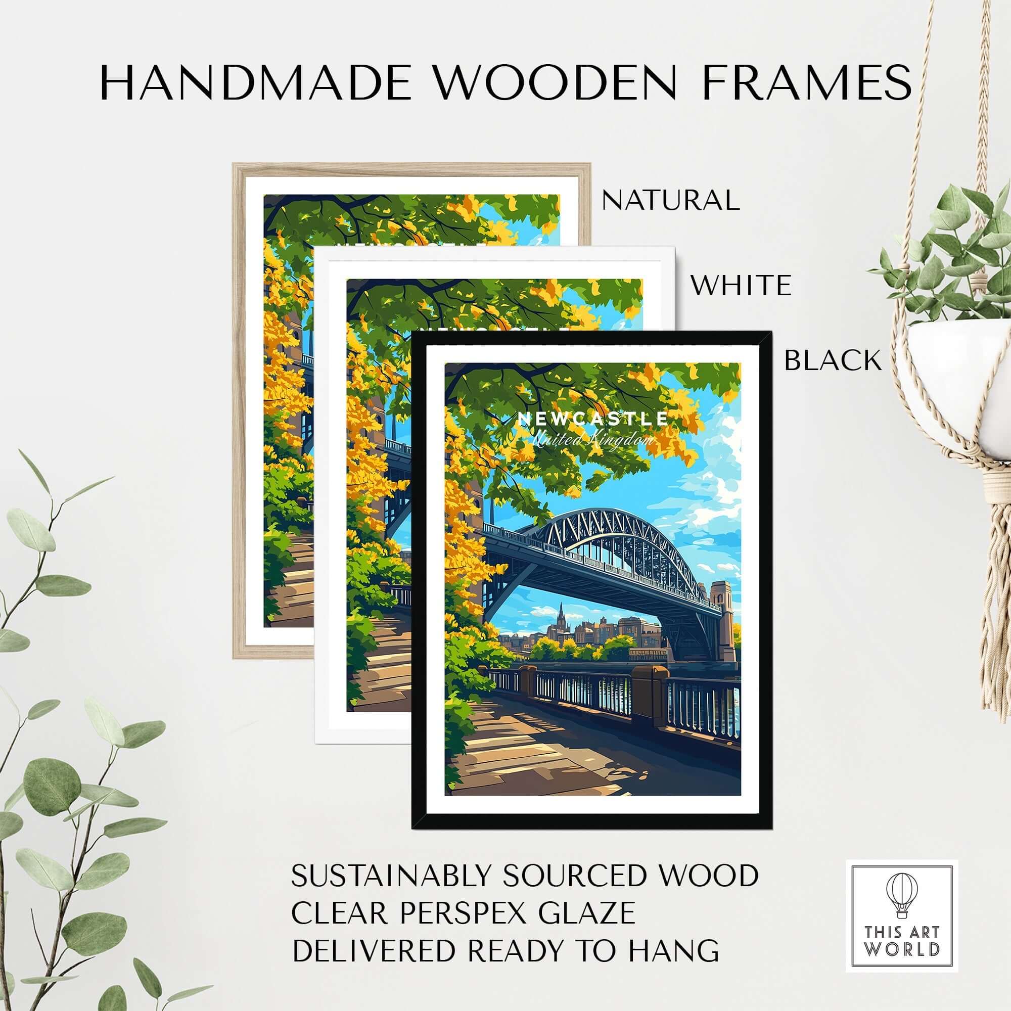 Newcastle upon Tyne Travel Print displayed in handmade wooden frames in natural, white, and black finishes.