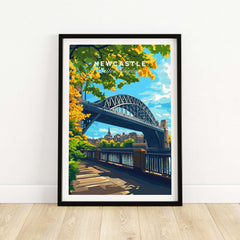 Newcastle upon Tyne Travel Print showcasing a vibrant scene of the iconic bridge and scenic riverside.