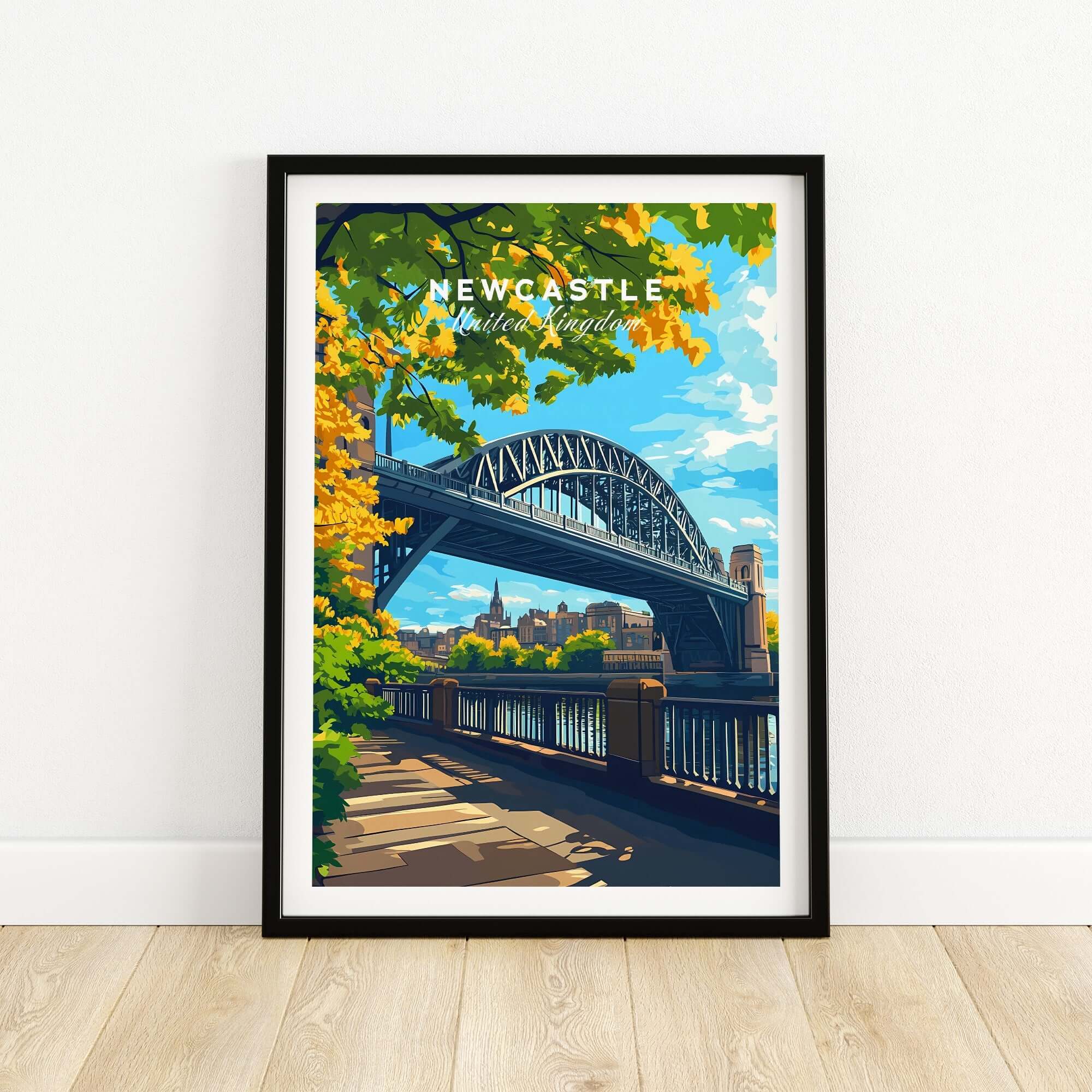Newcastle upon Tyne Travel Print showcasing a vibrant scene of the iconic bridge and scenic riverside.