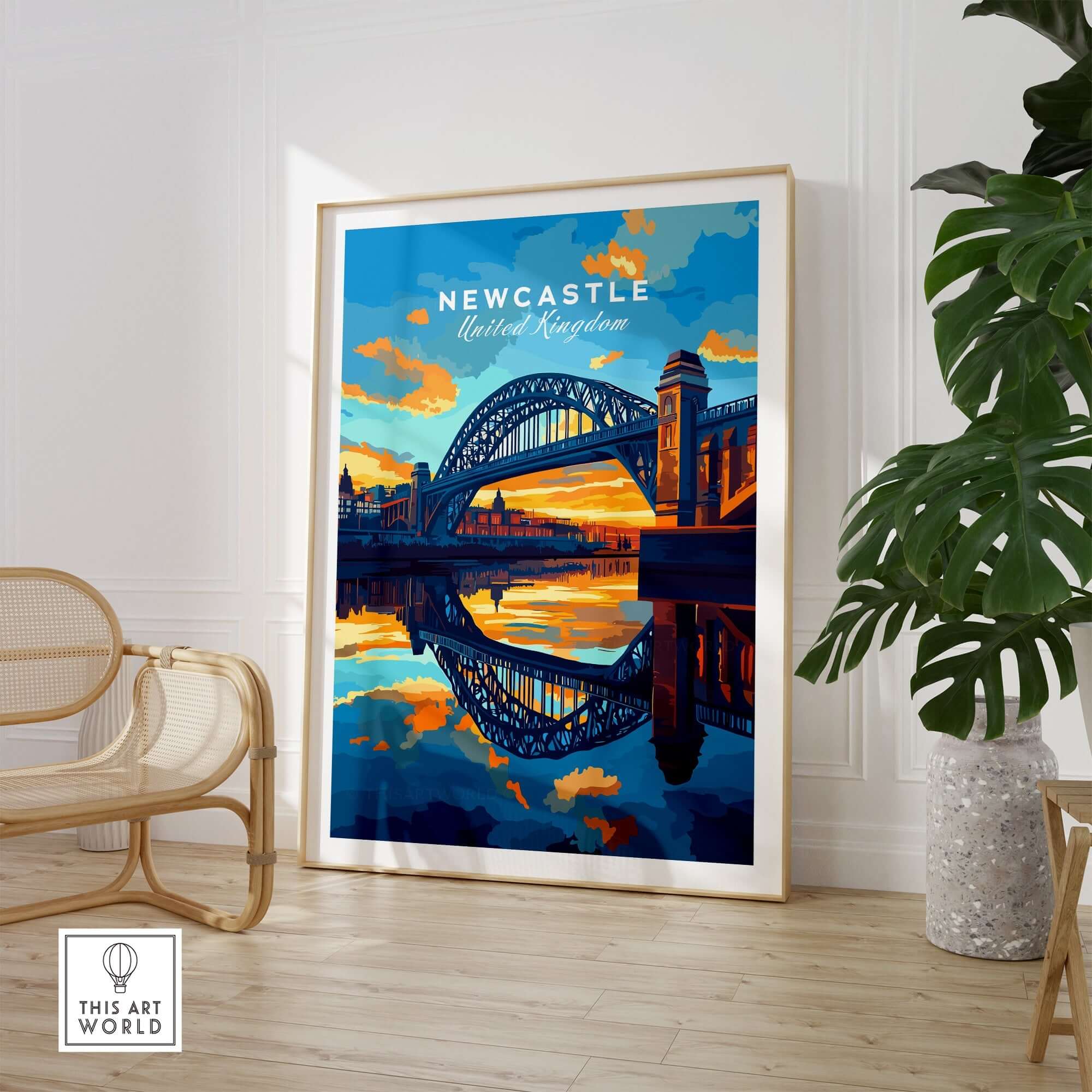 Newcastle Wall Art featuring the iconic Tyne Bridge and vibrant sunset reflected in water.
