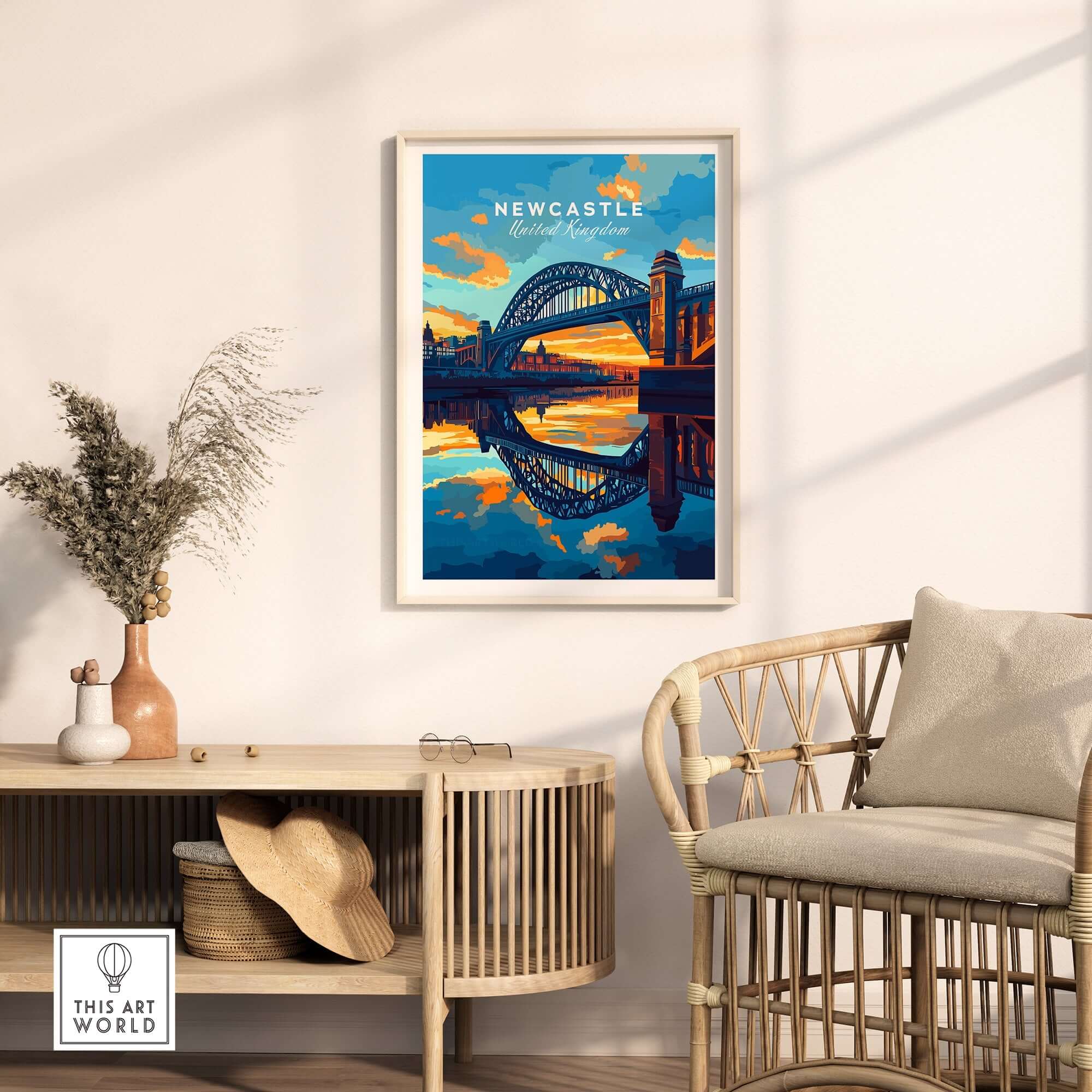Newcastle Wall Art featuring the iconic Tyne Bridge and a vibrant sunset reflection.