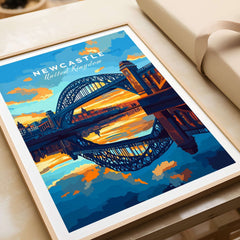 Newcastle Wall Art featuring the iconic Tyne Bridge and vibrant sunset reflection, perfect for home decor.