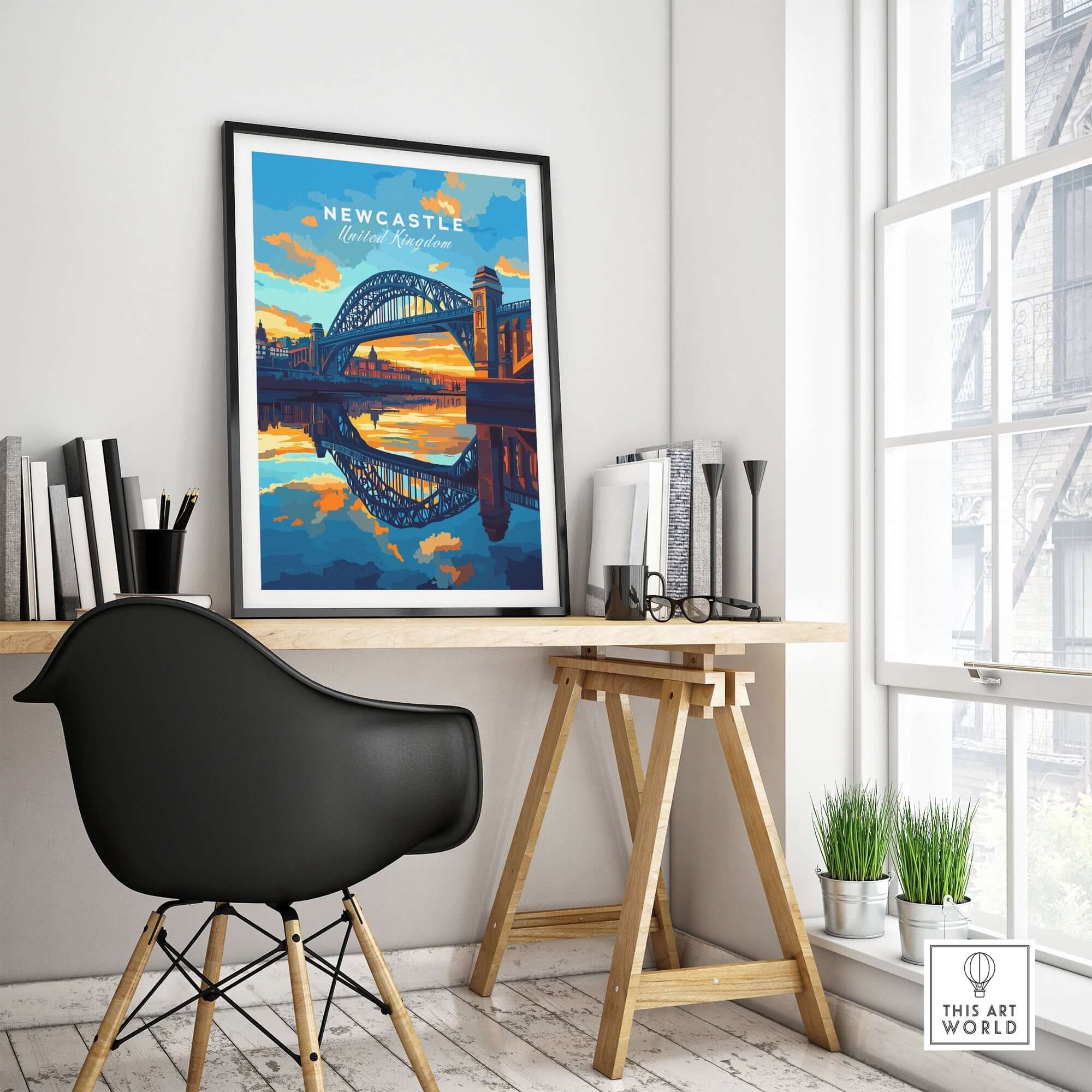 Newcastle Wall Art featuring the iconic Tyne Bridge and vibrant sunset reflection in a stylish interior setting.