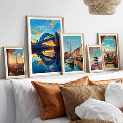 Newcastle Wall Art displayed with vibrant cityscape prints on a cozy bed, showcasing the iconic Tyne Bridge.