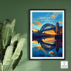 Newcastle Wall Art showcasing the iconic Tyne Bridge and vibrant sunset reflection in a stylish frame.