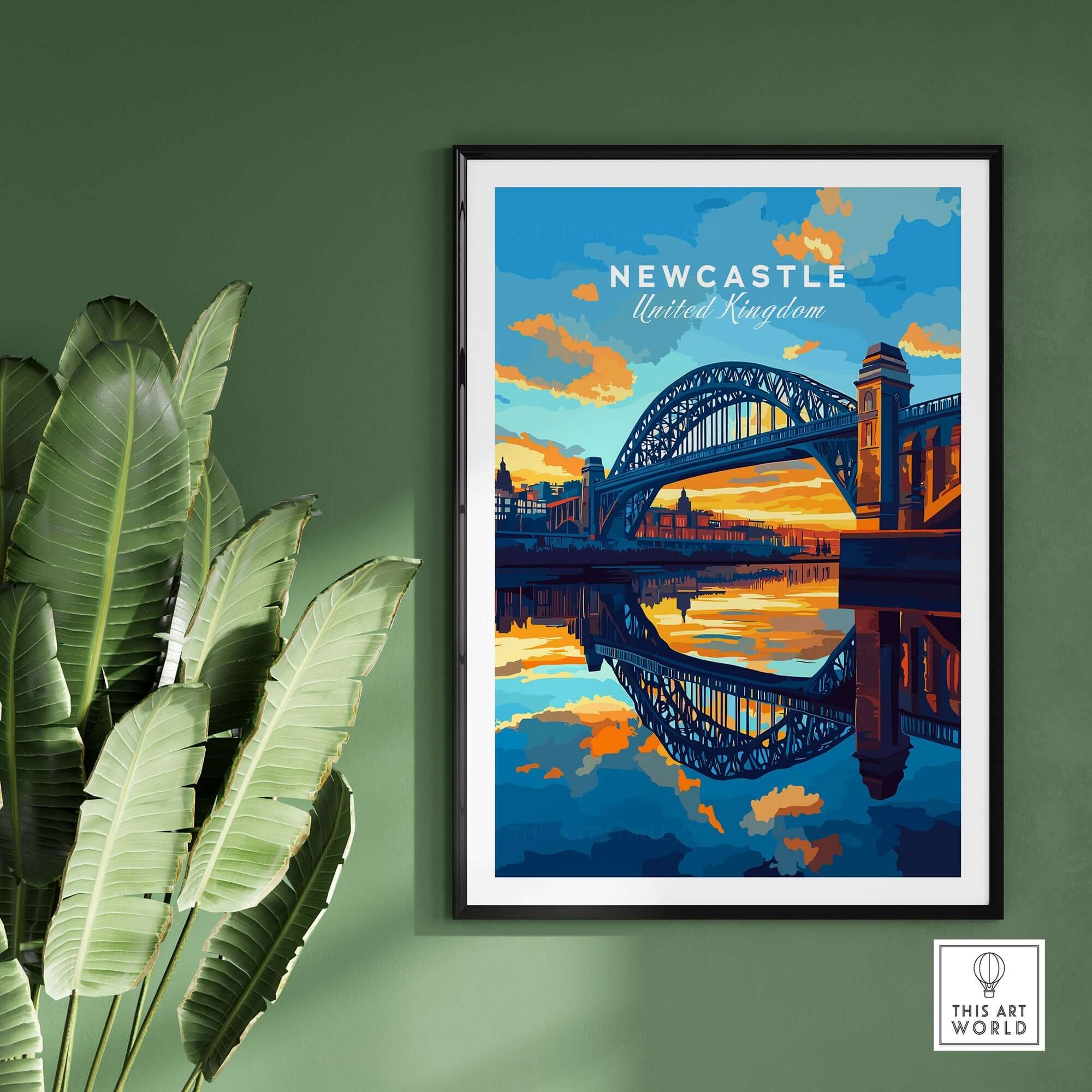 Newcastle Wall Art showcasing the iconic Tyne Bridge and vibrant sunset reflection in a stylish frame.