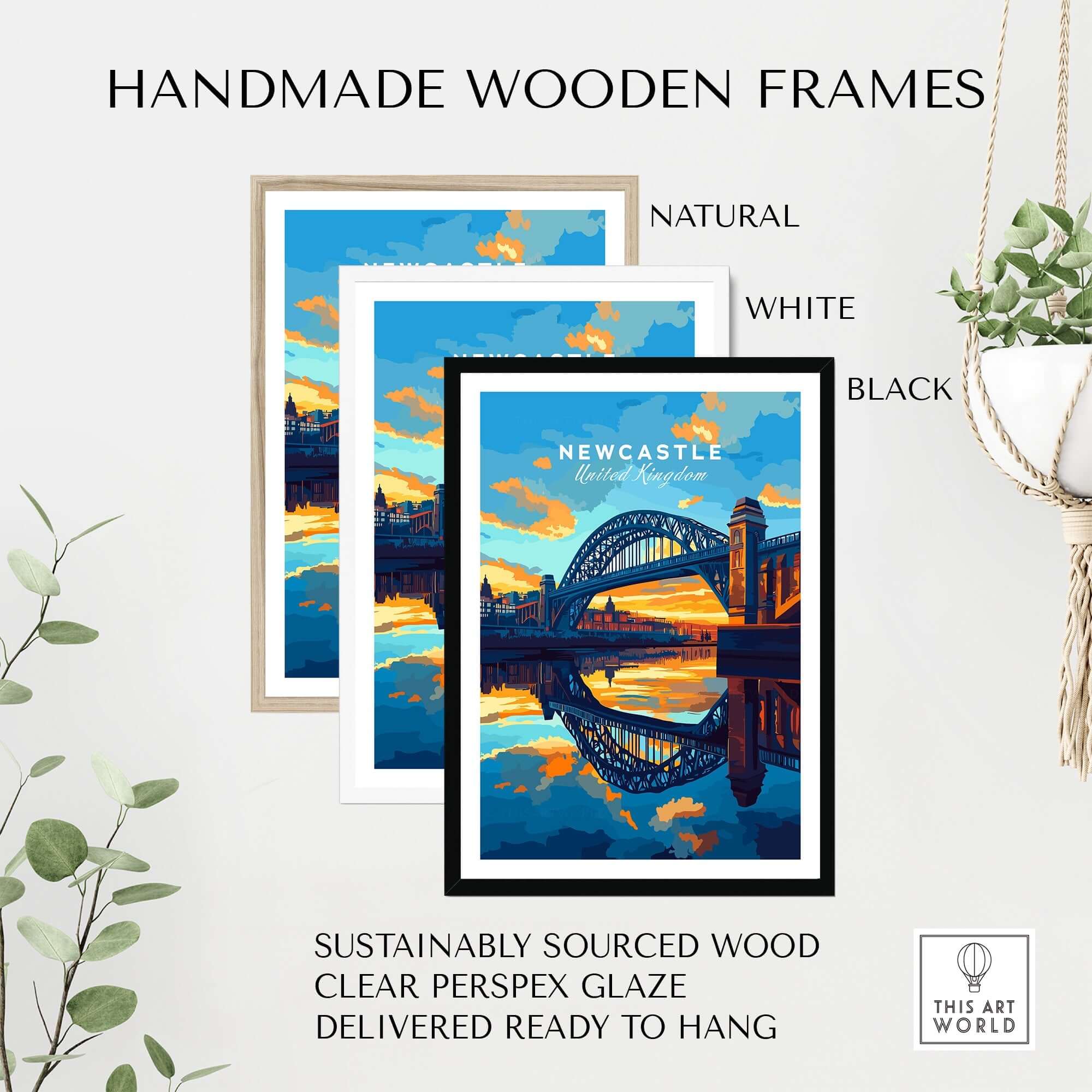 Newcastle Wall Art framed in handmade wooden frames available in natural, white, and black finishes.