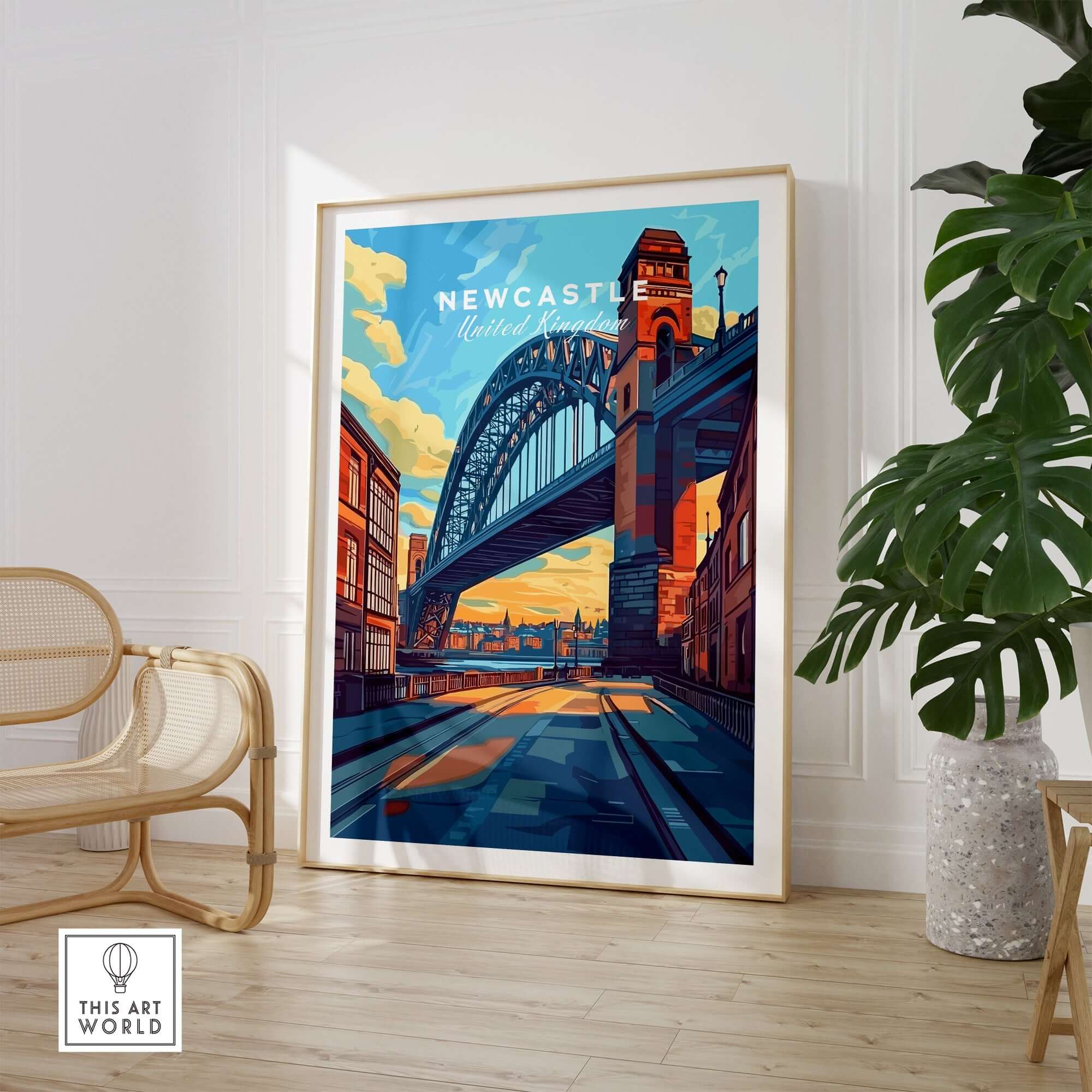 Newcastle Wall Art Poster featuring the iconic Tyne Bridge in a stylish living room setting.