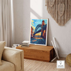 Newcastle Wall Art Poster featuring the iconic Tyne Bridge in a stylish living room setting.