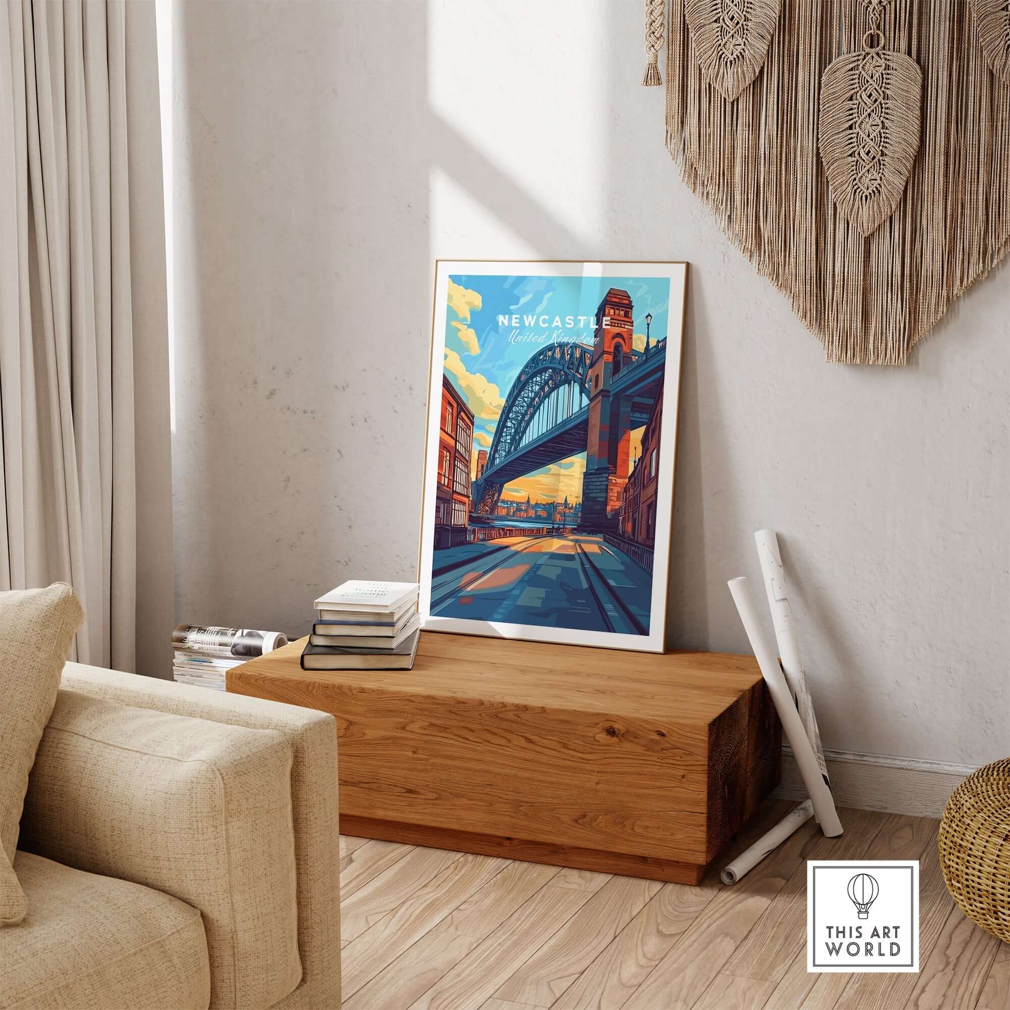 Newcastle Wall Art Poster featuring the iconic Tyne Bridge in a stylish living room setting.