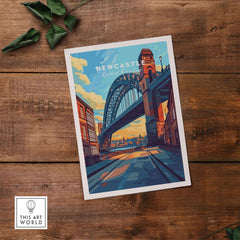 Newcastle Wall Art Poster featuring the iconic Tyne Bridge on a wooden background.