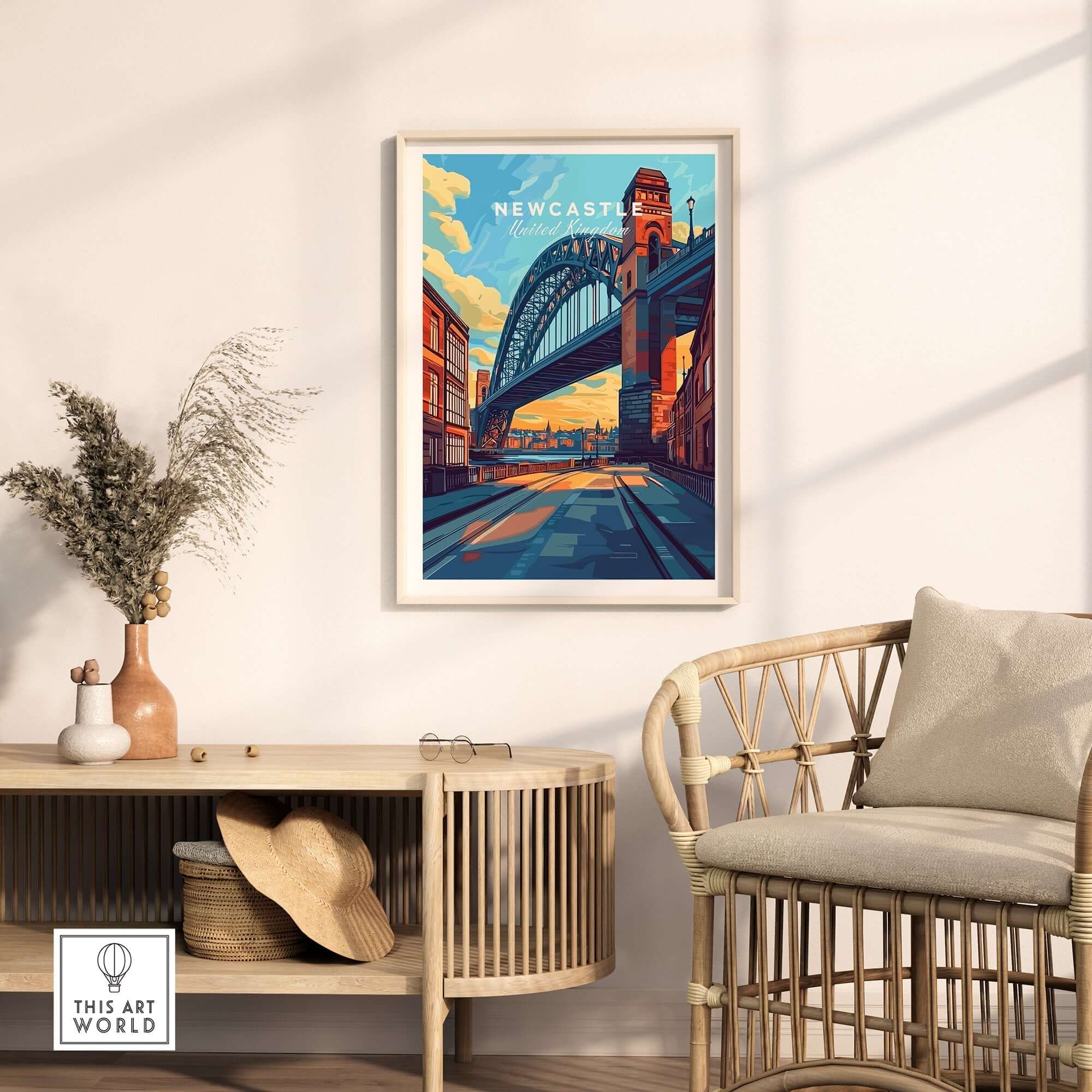 Newcastle Wall Art Poster featuring the iconic Tyne Bridge in a stylish interior setting.