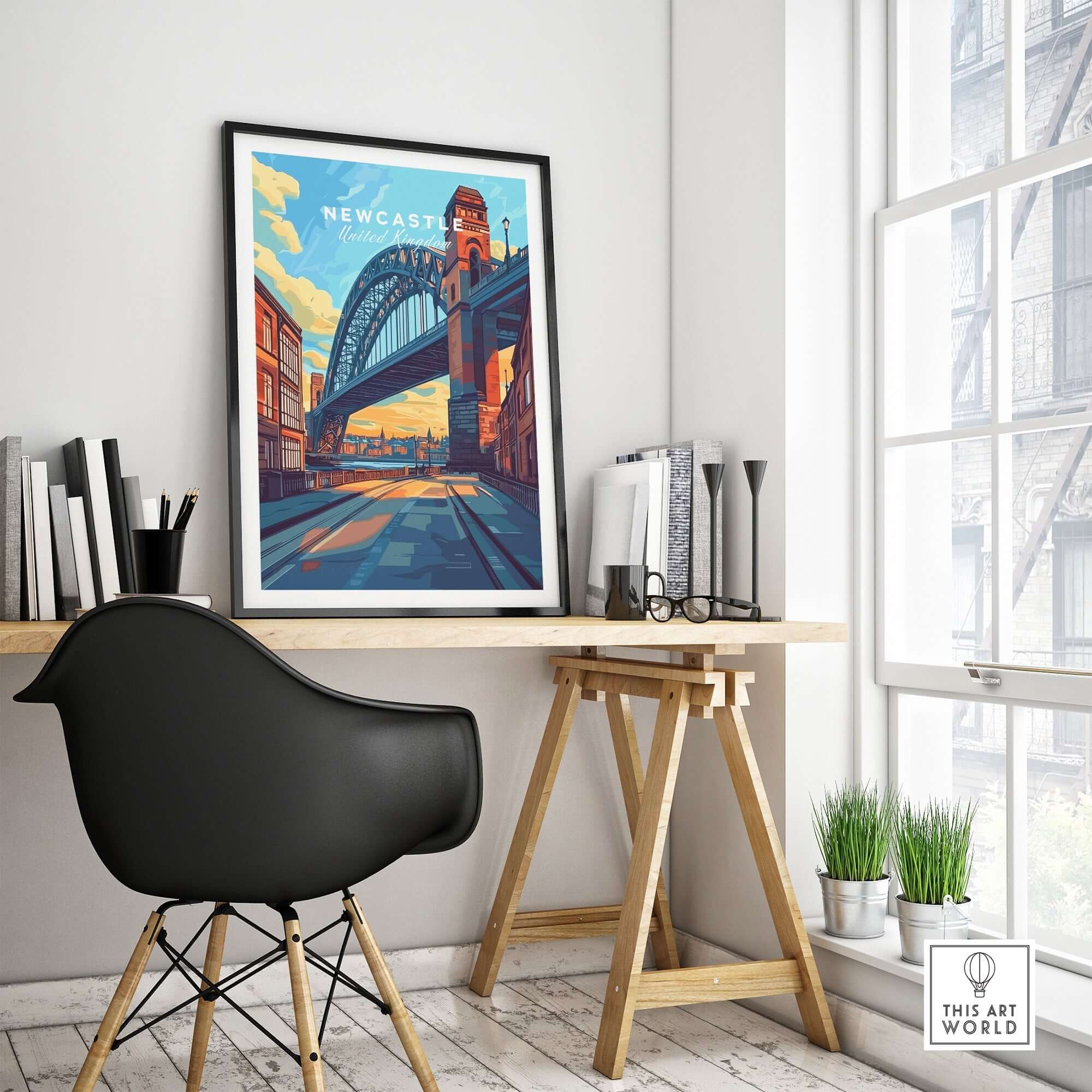 Newcastle Wall Art Poster displayed in a modern workspace featuring the iconic Tyne Bridge and stylish decor.