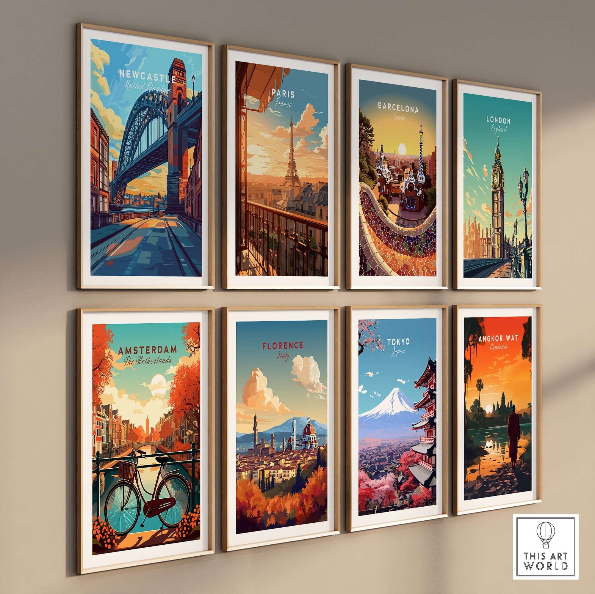 Newcastle Wall Art Poster showcasing the iconic Tyne Bridge among various city travel prints.