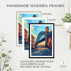 Newcastle Wall Art Poster displayed in handmade wooden frames: natural, white, and black options.