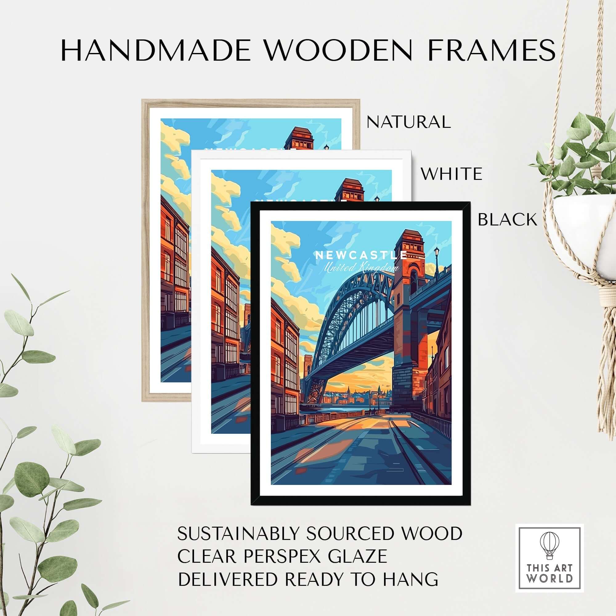 Newcastle Wall Art Poster displayed in handmade wooden frames: natural, white, and black options.
