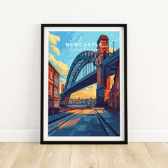 Newcastle Wall Art Poster featuring the Tyne Bridge, colorful illustration of Newcastle, England, perfect for home decor.