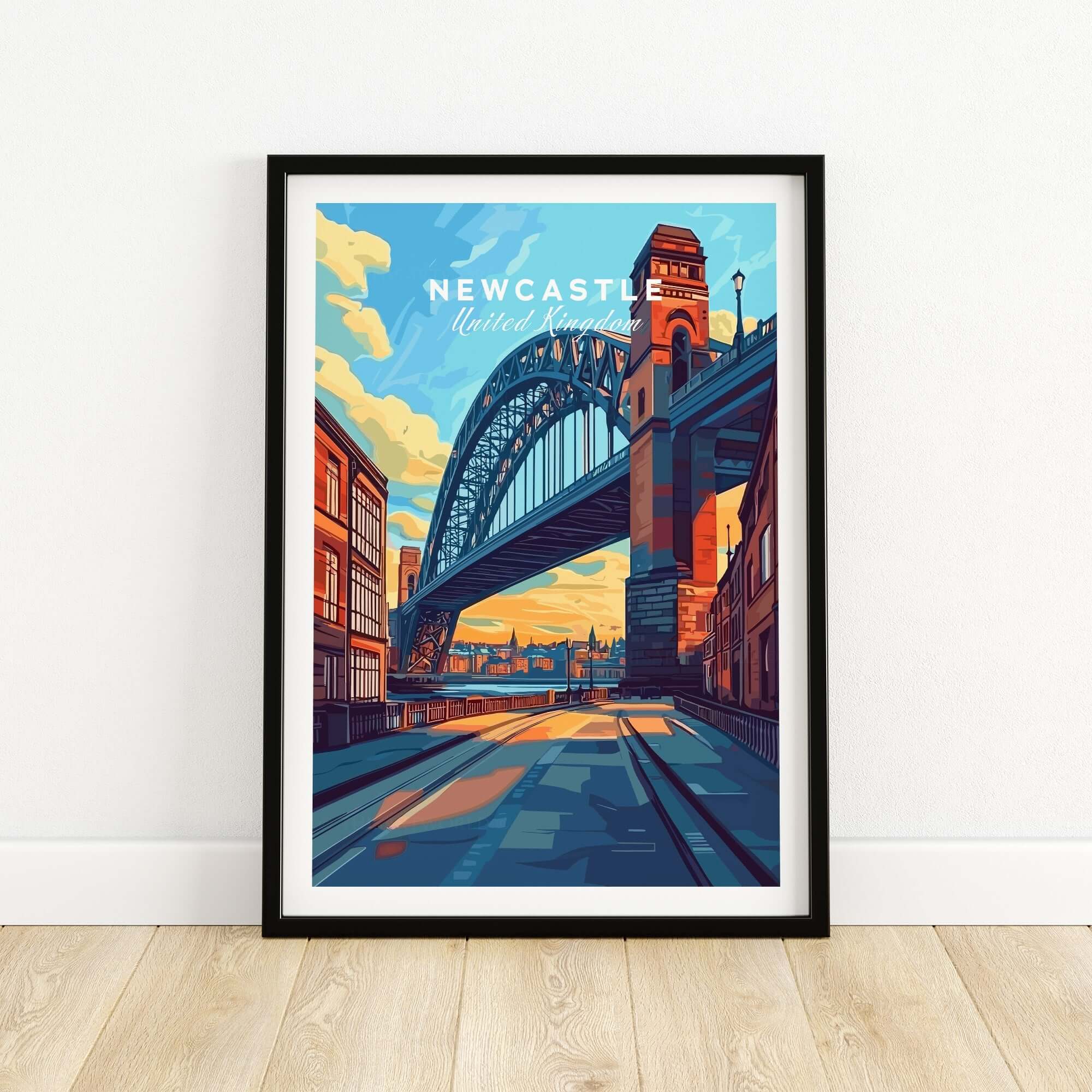 Newcastle Wall Art Poster featuring the Tyne Bridge, colorful illustration of Newcastle, England, perfect for home decor.