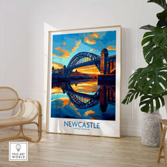 Newcastle Wall Art Print featuring Tyne Bridge at sunset, perfect for home decor.