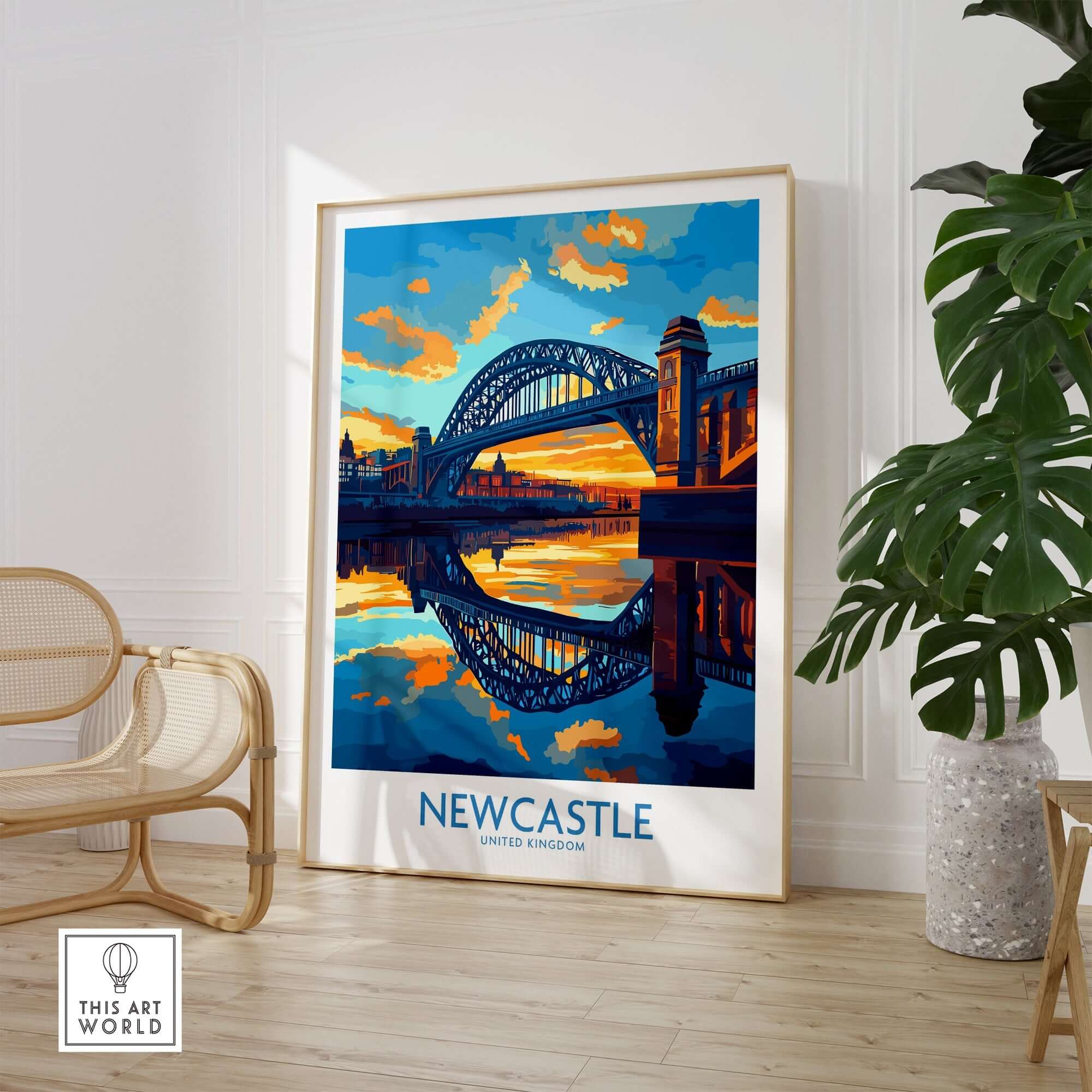 Newcastle Wall Art Print featuring Tyne Bridge at sunset, perfect for home decor.