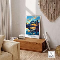 Newcastle Wall Art Print showcasing the Tyne Bridge at sunset, enhancing home decor with elegance.