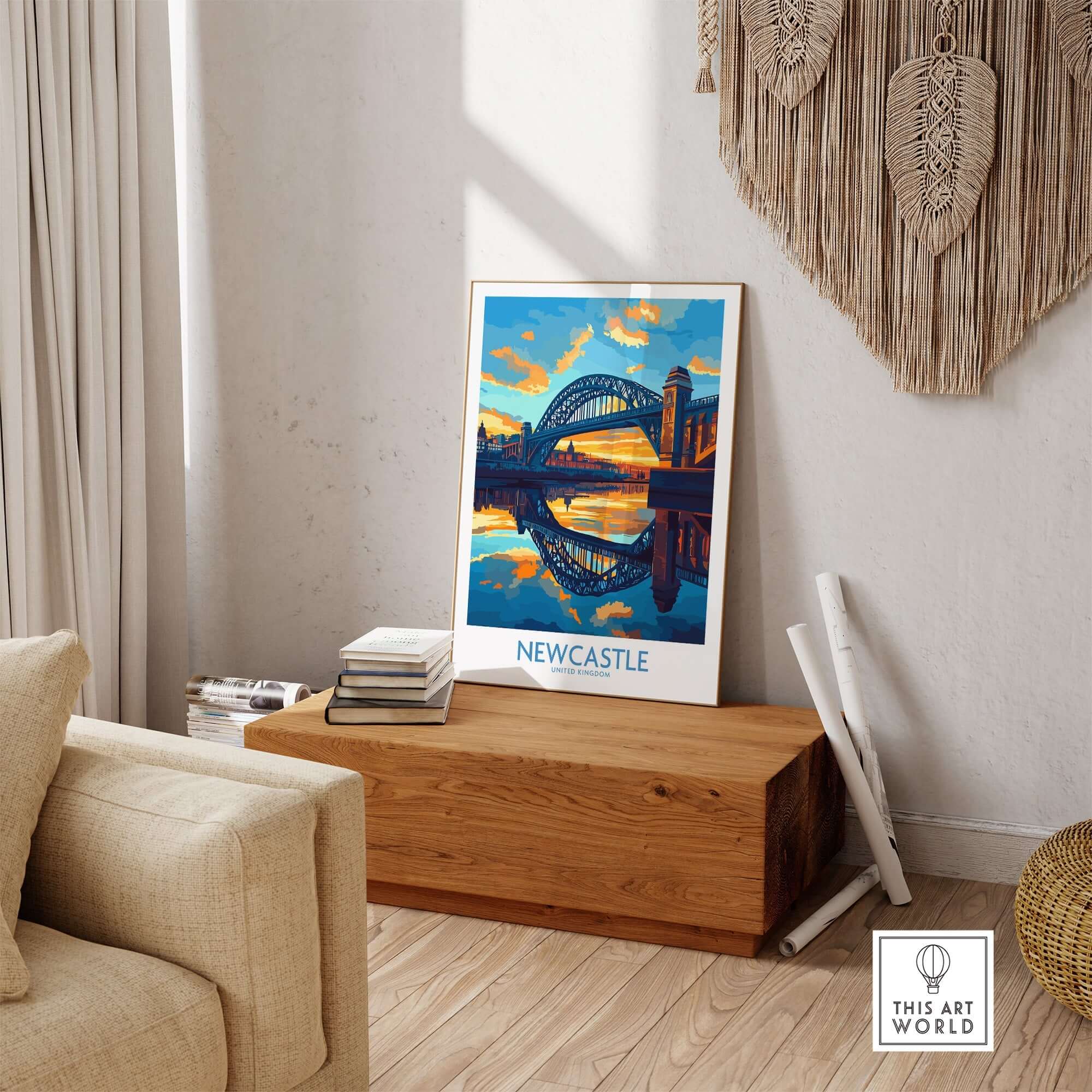 Newcastle Wall Art Print showcasing the Tyne Bridge at sunset, enhancing home decor with elegance.