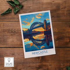 Newcastle Wall Art Print featuring the iconic Tyne Bridge at sunset with vibrant colors and reflections