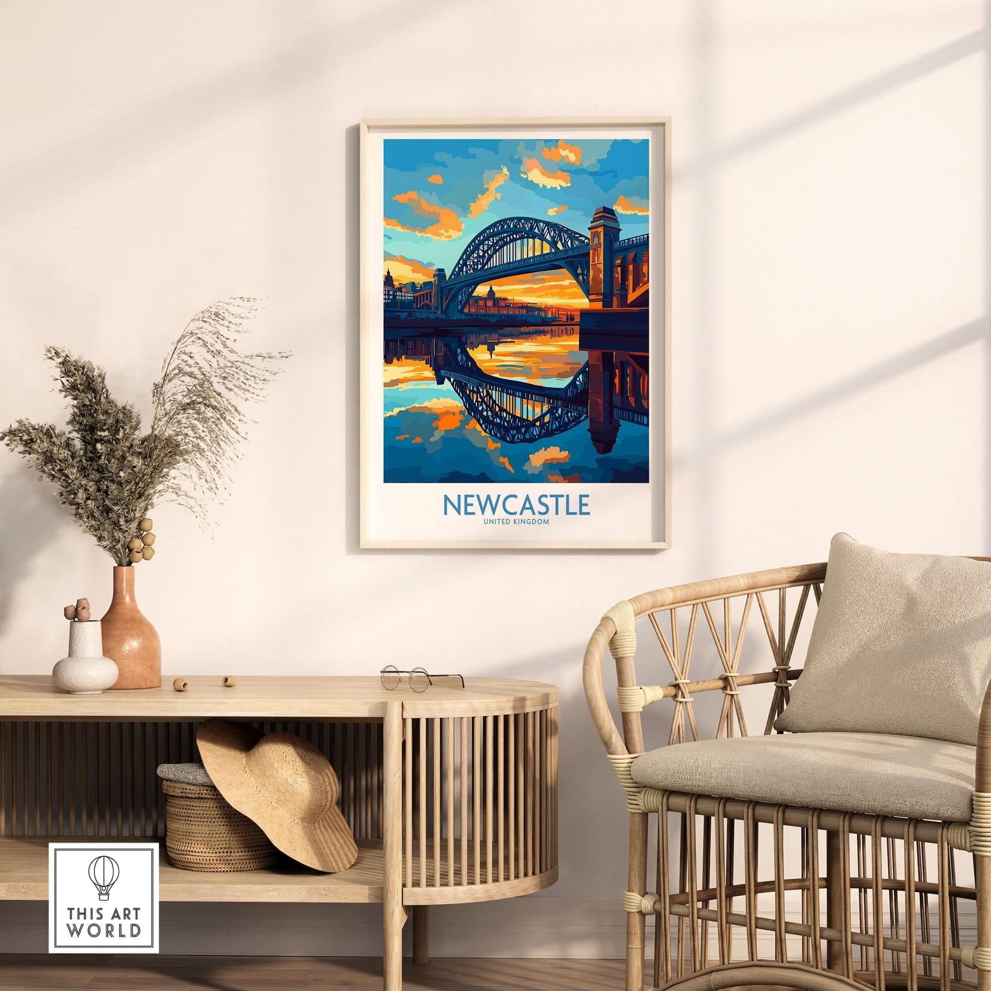 Newcastle Wall Art Print featuring the Tyne Bridge at sunset, enhancing home decor with elegance and warmth.