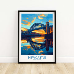 Newcastle Wall Art Print featuring Tyne Bridge at sunset with vibrant colors and reflections.
