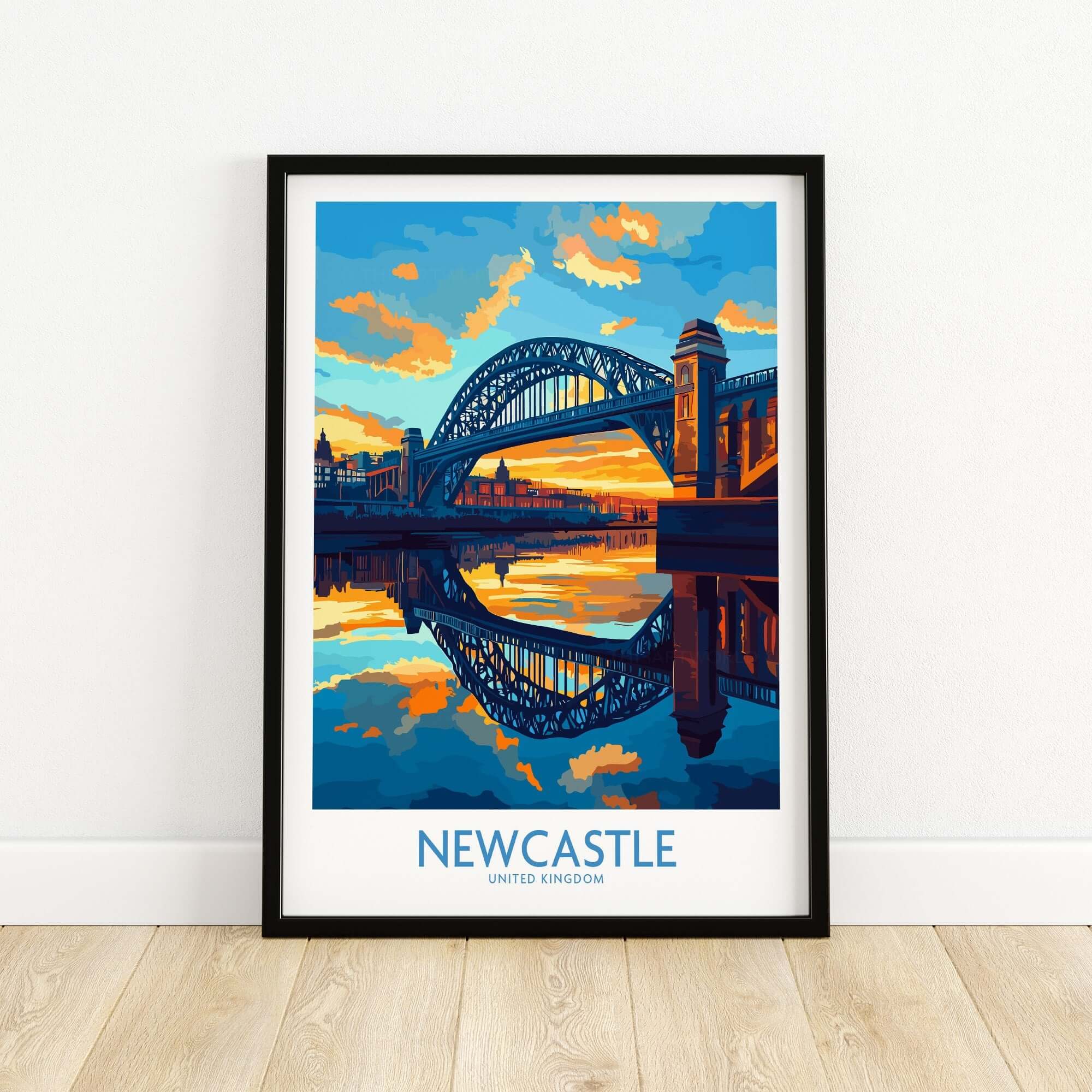 Newcastle Wall Art Print featuring Tyne Bridge at sunset with vibrant colors and reflections.