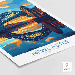 Newcastle Wall Art Print featuring the Tyne Bridge at sunset, vibrant colors and stunning details.