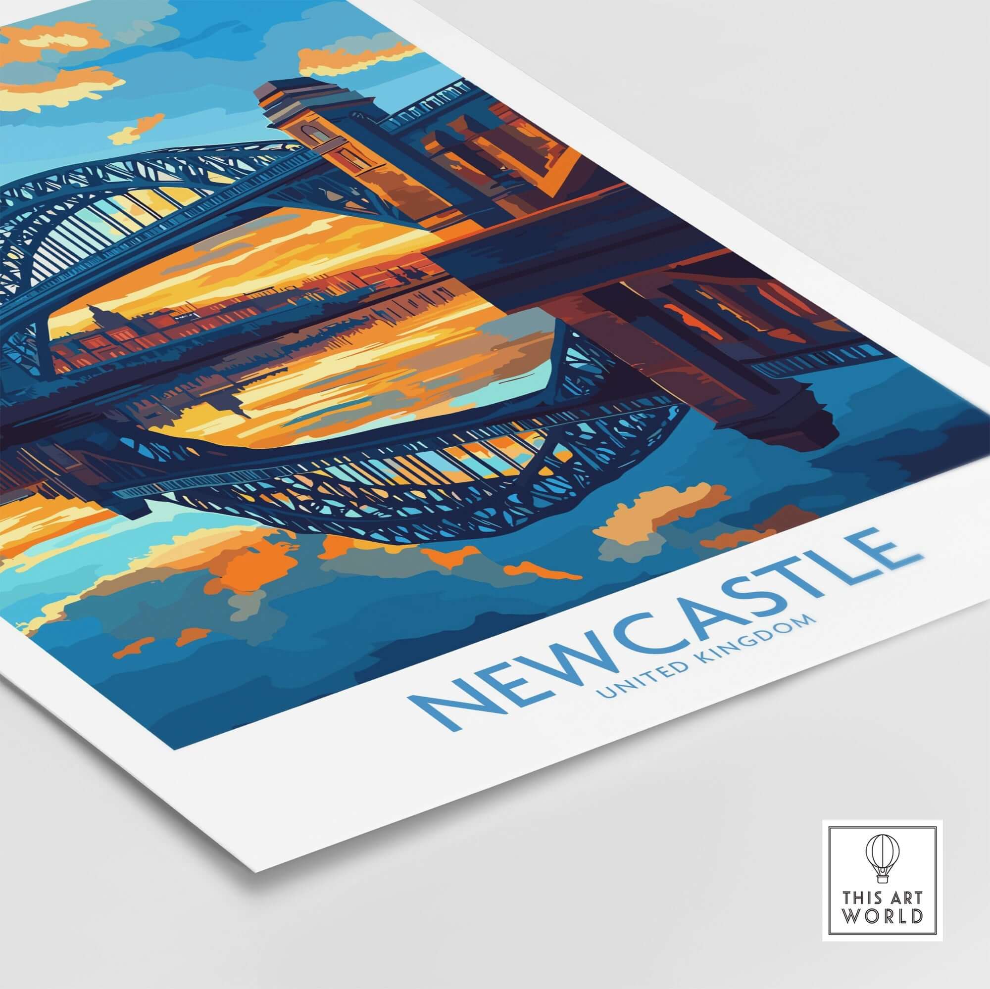 Newcastle Wall Art Print featuring the Tyne Bridge at sunset, vibrant colors and stunning details.