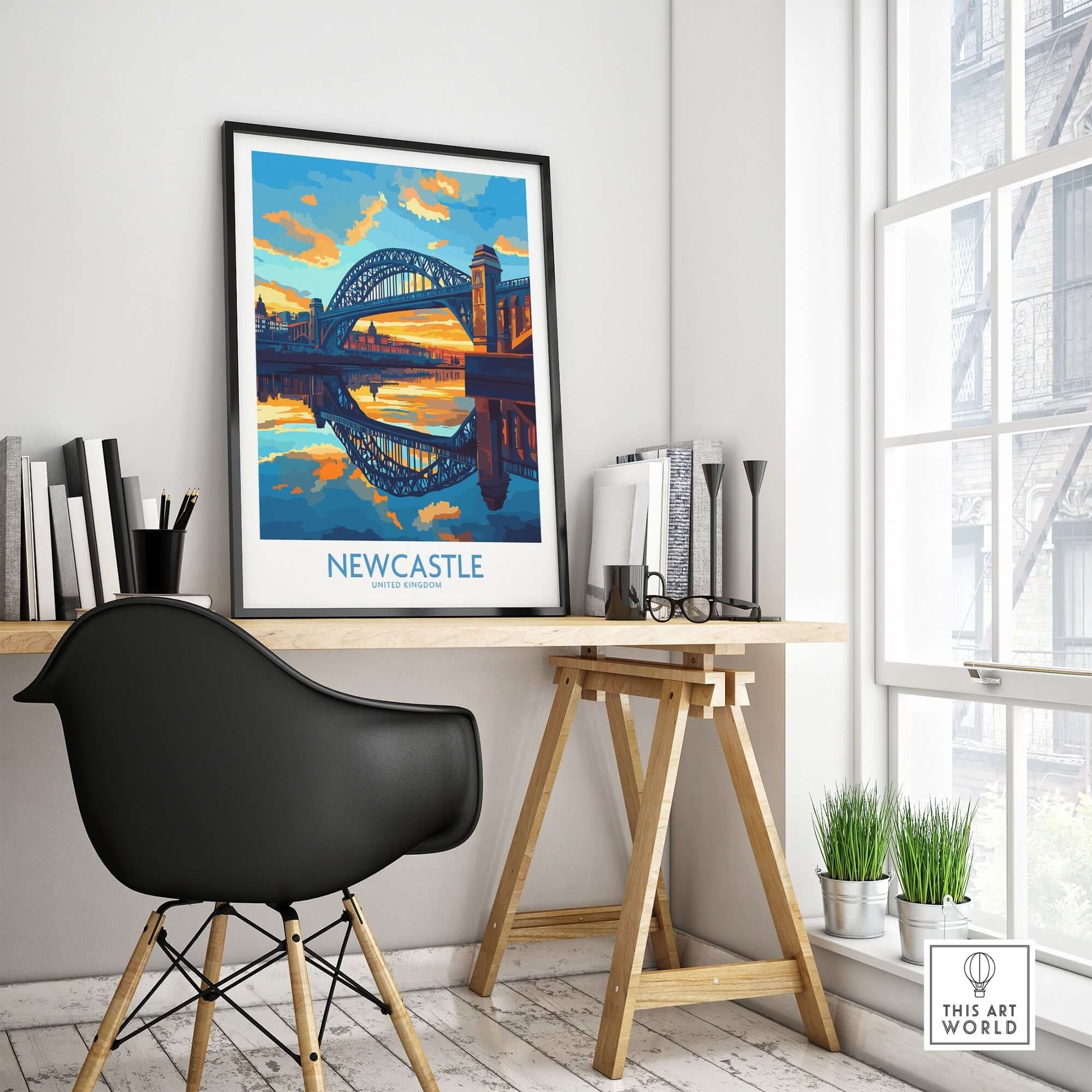 Newcastle Wall Art Print featuring the Tyne Bridge in sunset colors at a stylish workspace.