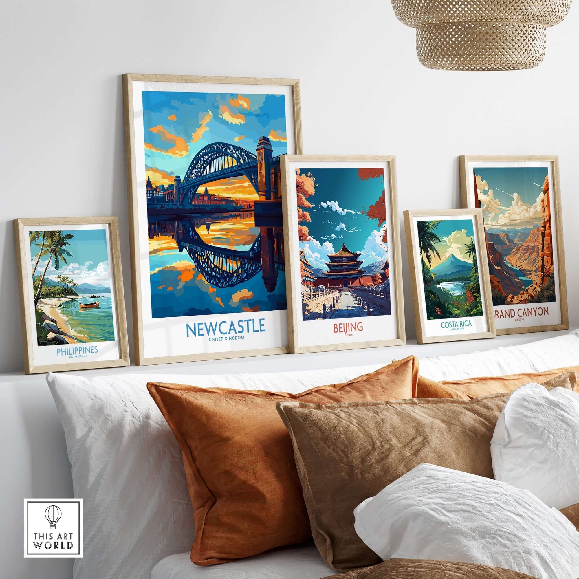 Newcastle Wall Art Print featuring Tyne Bridge, colorful travel posters decor on display.