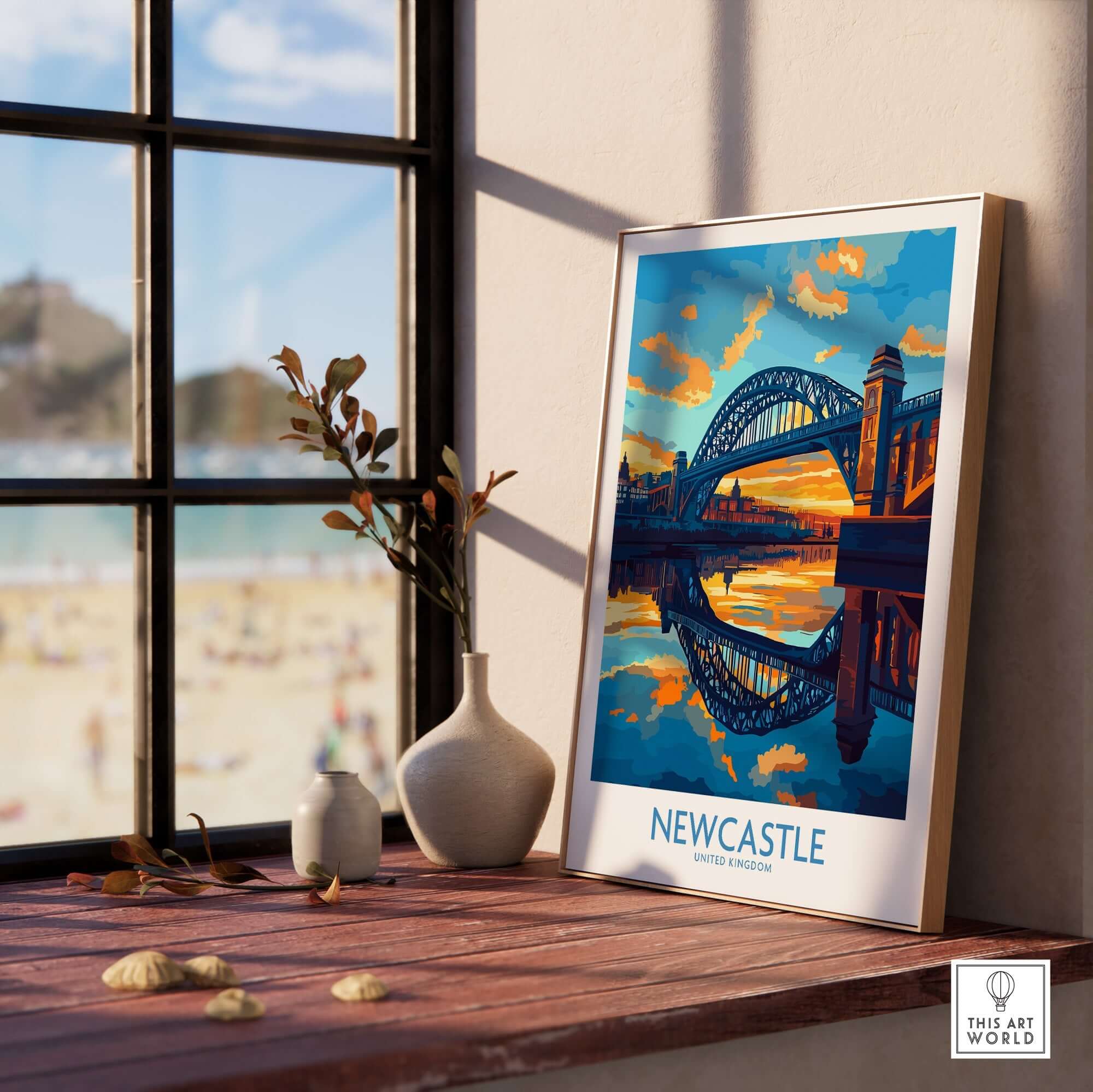 Newcastle Wall Art Print featuring the iconic Tyne Bridge reflecting at sunset on a stylish shelf.