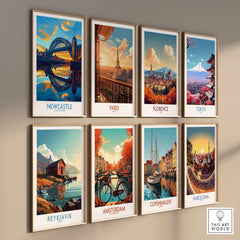 Newcastle Wall Art Print featuring the iconic Tyne Bridge at sunset, part of a collection of travel posters.