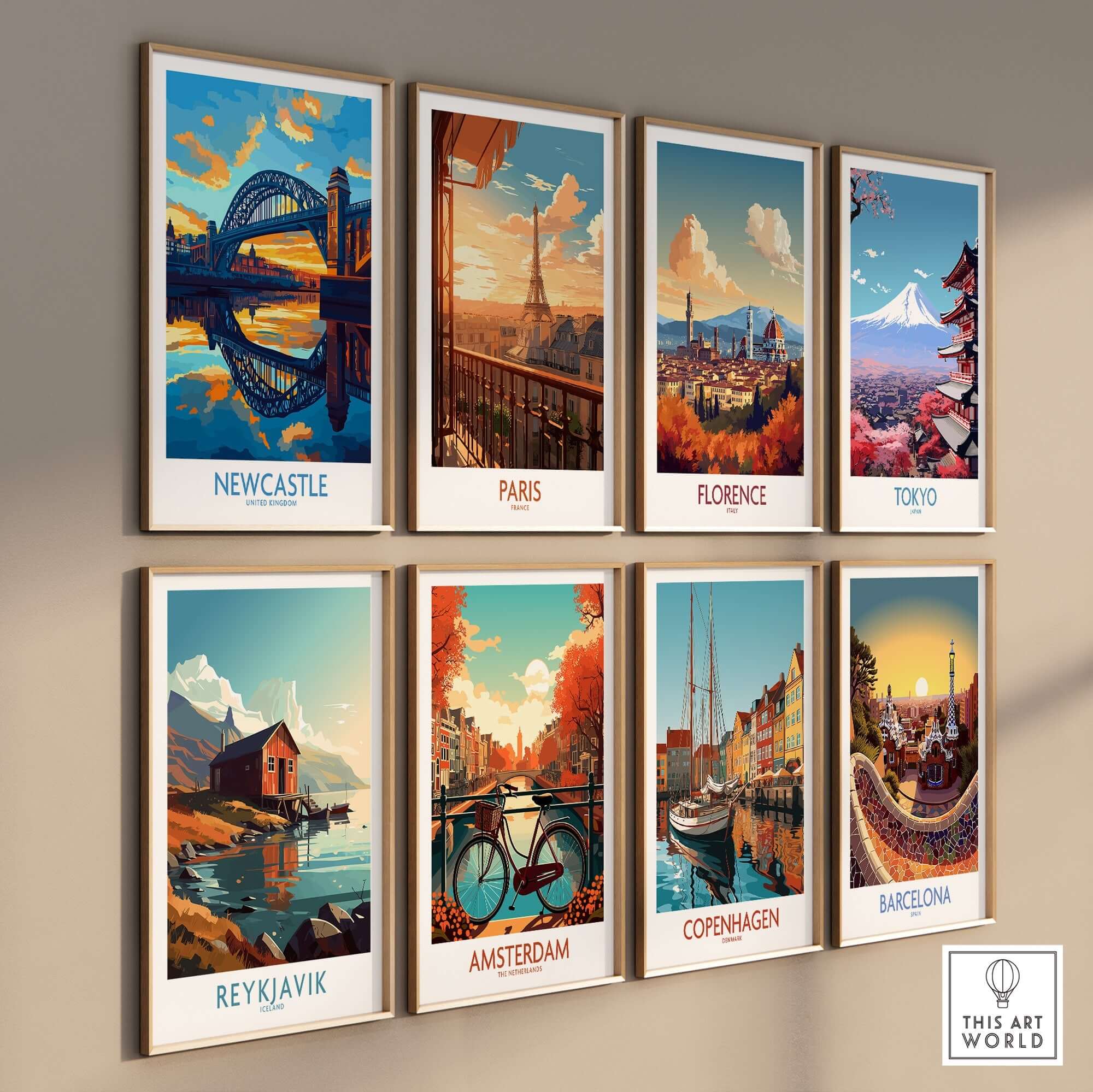 Newcastle Wall Art Print featuring the iconic Tyne Bridge at sunset, part of a collection of travel posters.