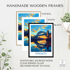 Newcastle Wall Art Print displayed in handmade wooden frames, showcasing the iconic Tyne Bridge with sunset hues.